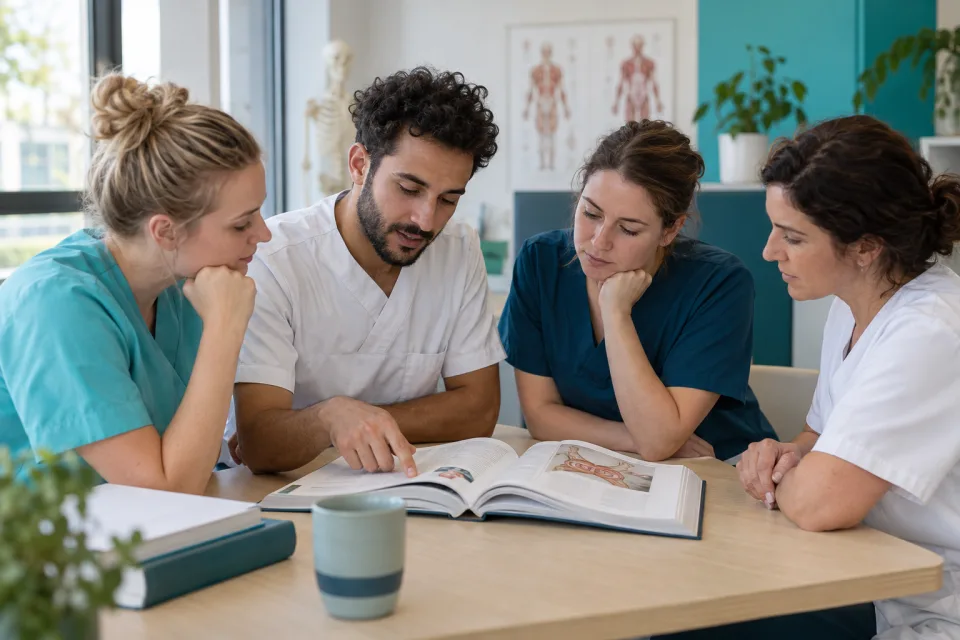 KI-Szenenbild: Ein Team bespricht gemeinsam Inhalte eines Fachbuchs.