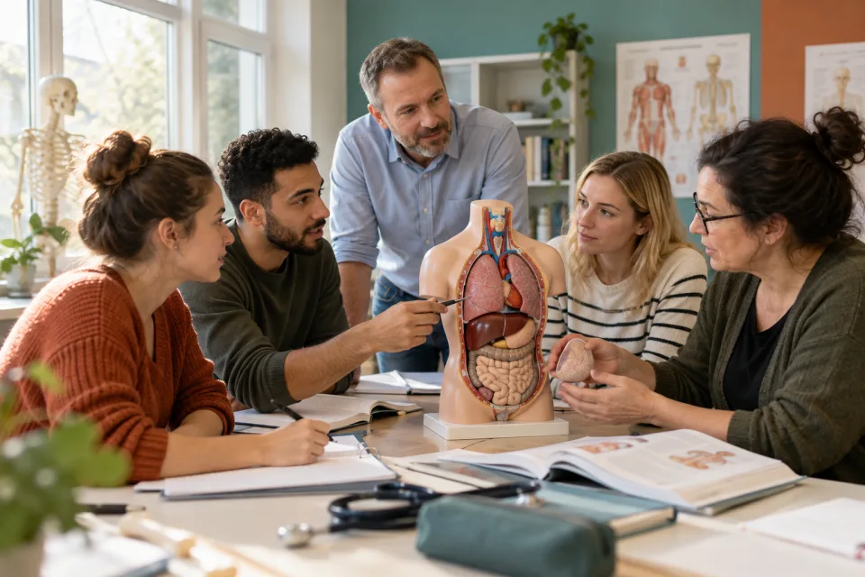 KI-Szenenbild: Eine Lerngruppe entdeckt Anatomie gemeinsam am Modell.